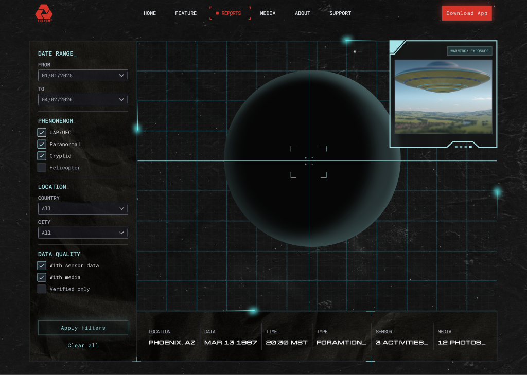 Phenom Reports dashboard with HUD globe visualisation and captured sighting